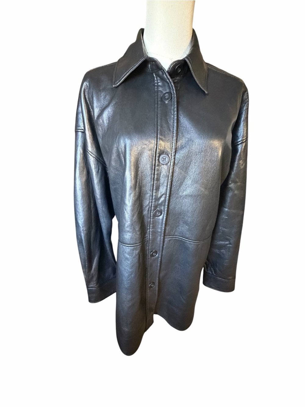 Babaton Aritzia Pelli Shirt Jacket Black Vegan Leather Button-Front Coat Sz Med